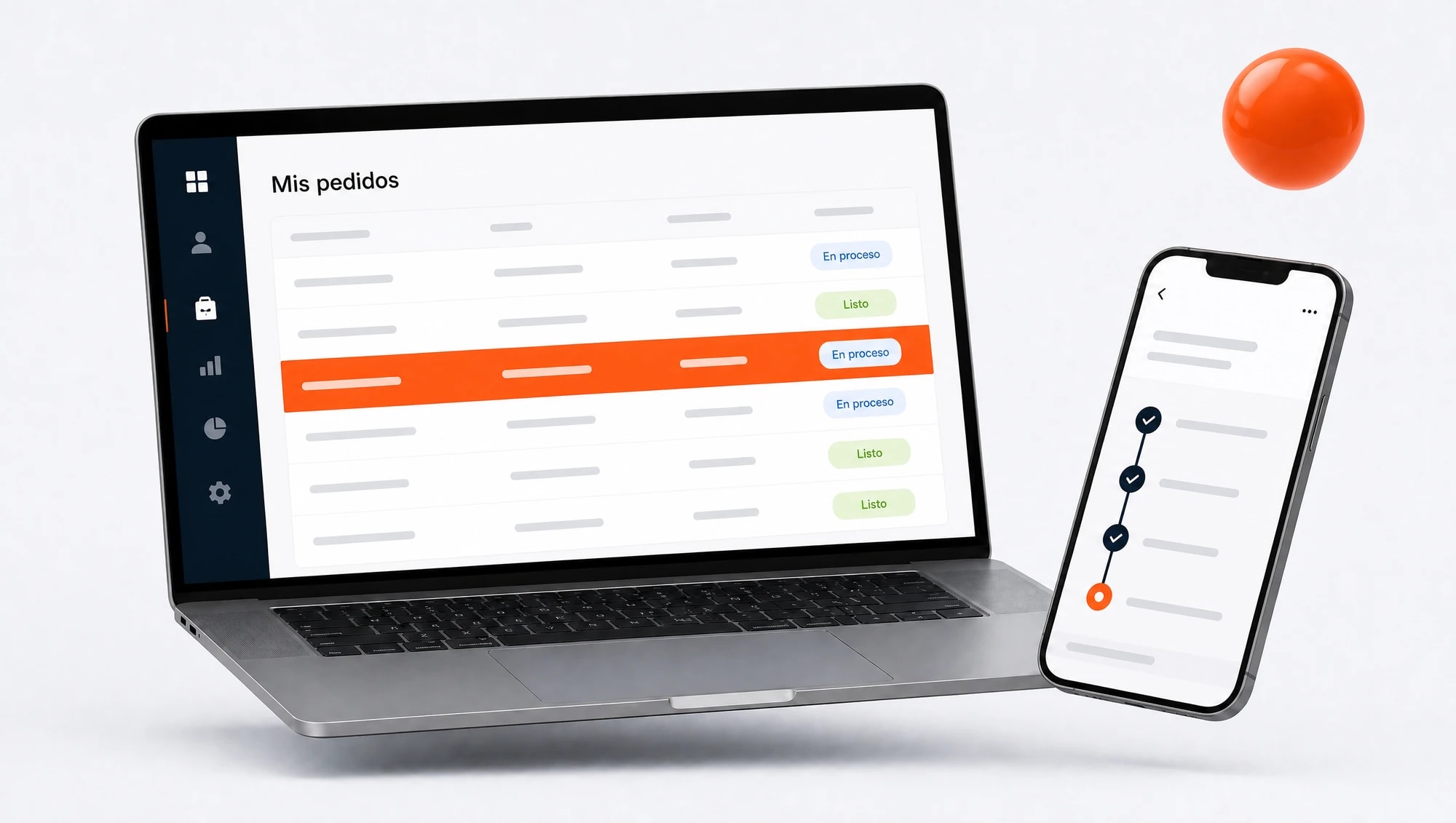 Notebook y celular con un portal de clientes: lista de pedidos con su estado y seguimiento