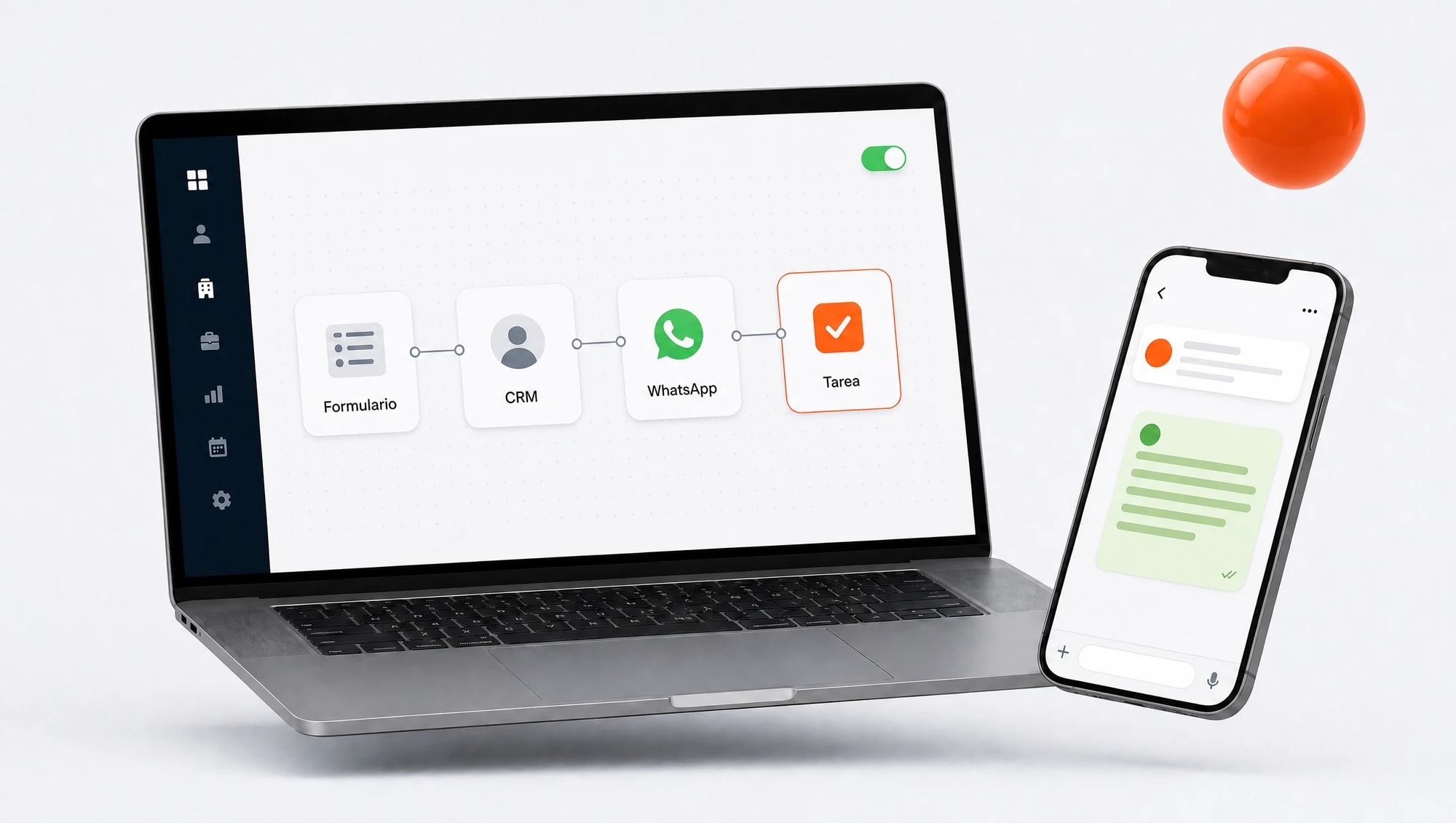 Notebook con un flujo automatizado de formulario a CRM, WhatsApp y tarea, y celular con el mensaje de bienvenida