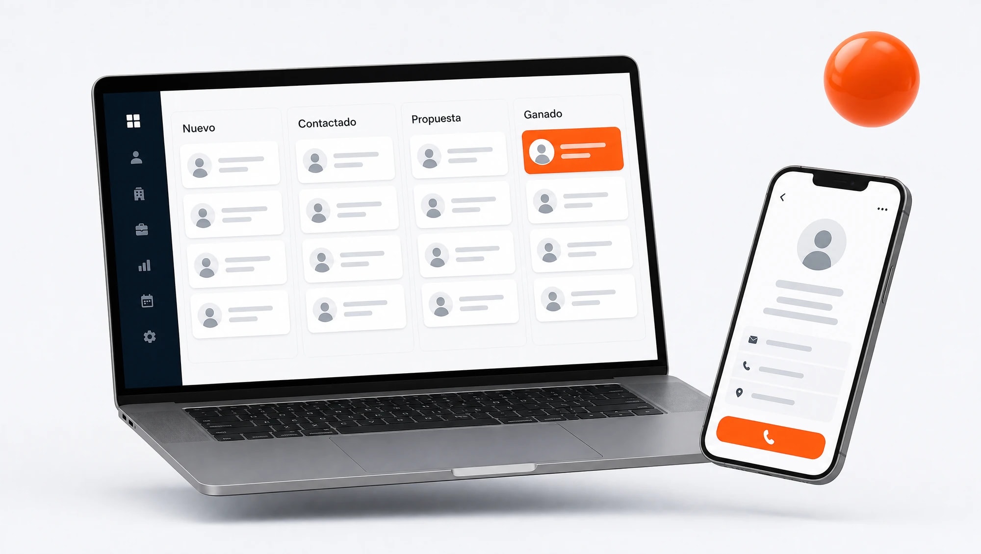 Notebook y celular con un CRM: embudo de ventas por etapas y la ficha de un cliente