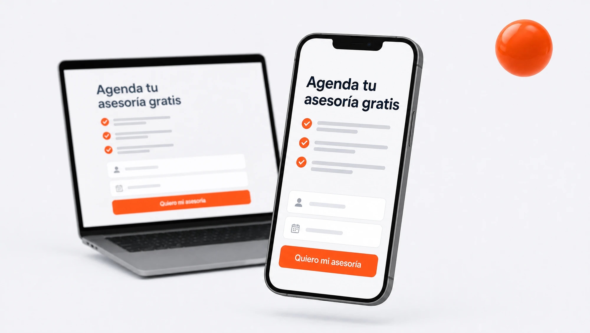 Celular con una landing page para agendar una asesoría, con beneficios y formulario